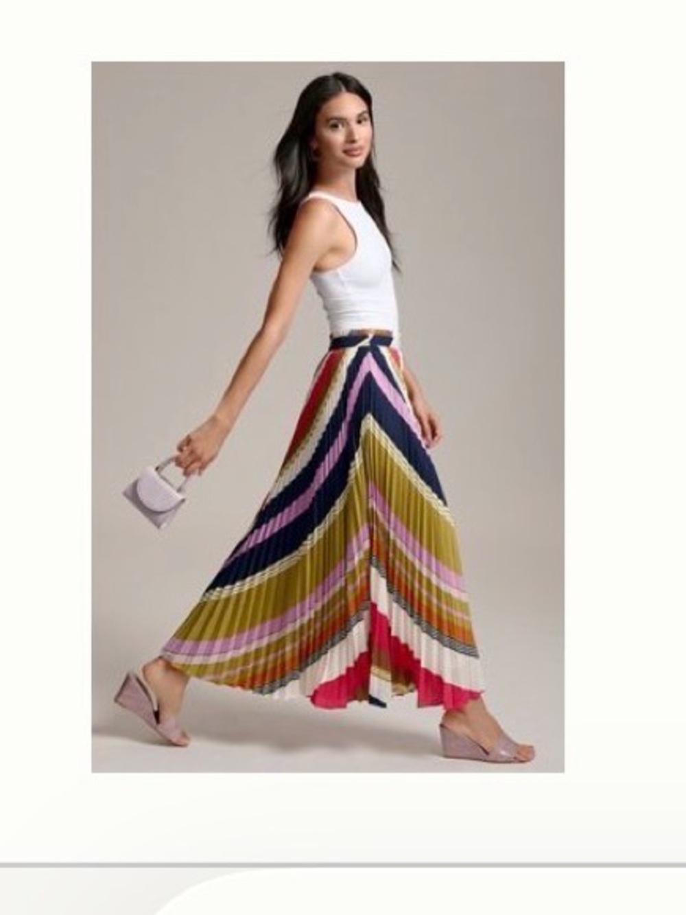 Maeve Pleated Diagonal Stripe Midi Skirt in Olive, Navy, Pink & Red